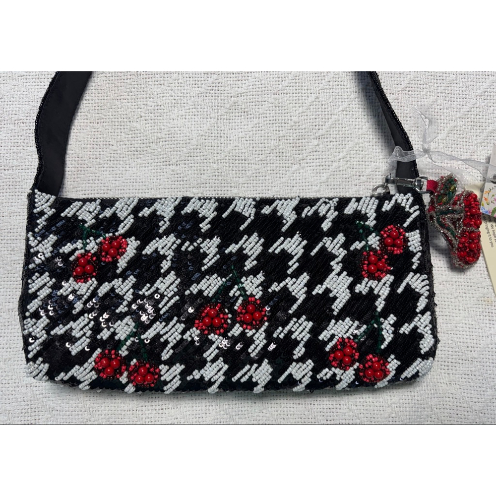 Viral Tik Toc Famous Made In India Cherry Houndtooth Beaded Handbag w/Cherry - Picture 7 of 12